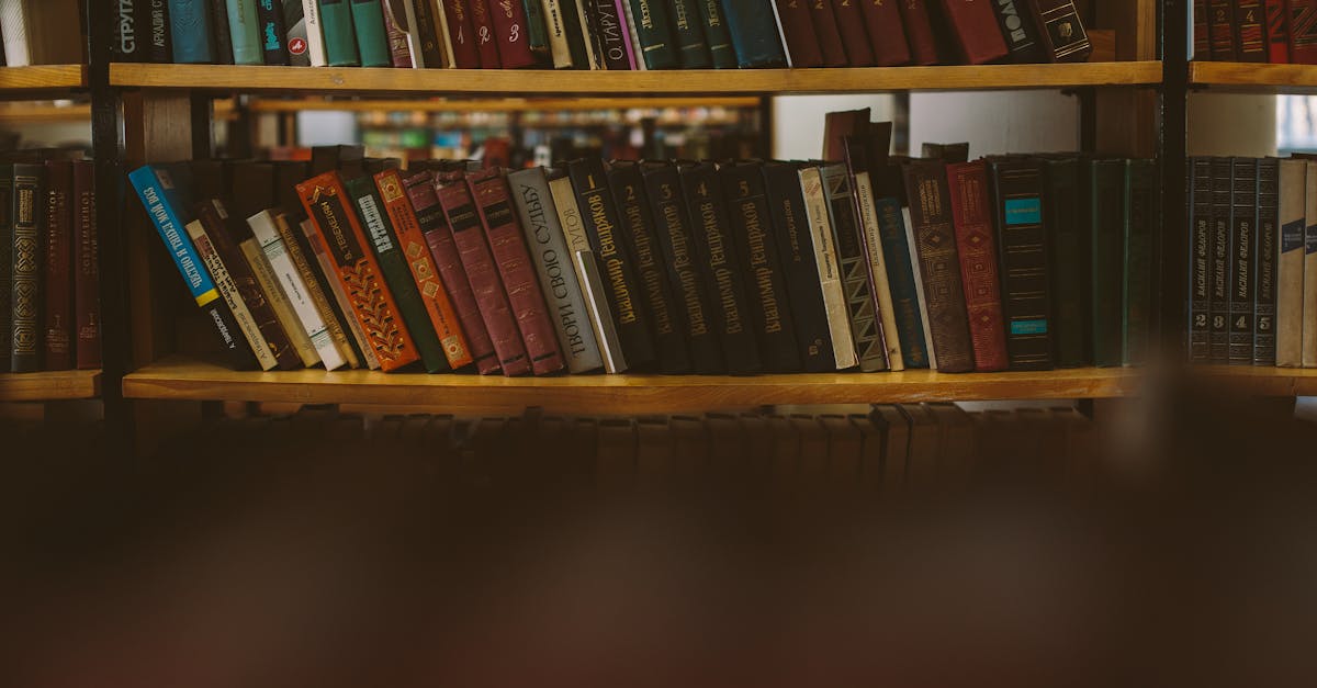 Books neatly aligned on a wooden shelf in a warm library setting.